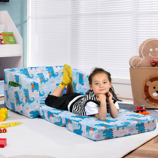 2-in-1 Convertible Kids Sofa with Velvet Fabric-Light Blue - Image 6
