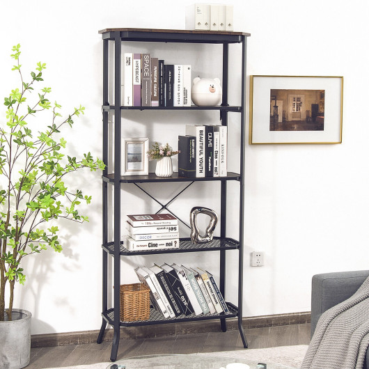 Industrial 5-Layer Bookshelf with Out-Stretched Legs-Rustic Brown - Image 2