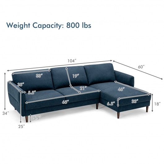 L-Shaped Fabric Sectional Sofa with Chaise Lounge and Solid Wood Legs-Navy - Image 2