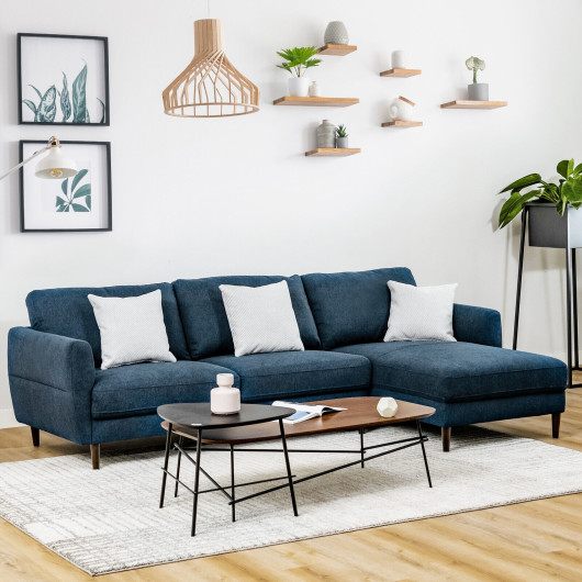 L-Shaped Fabric Sectional Sofa with Chaise Lounge and Solid Wood Legs-Navy - Image 3