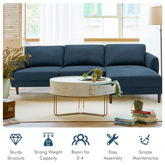 L-Shaped Fabric Sectional Sofa with Chaise Lounge and Solid Wood Legs-Navy - Image 6