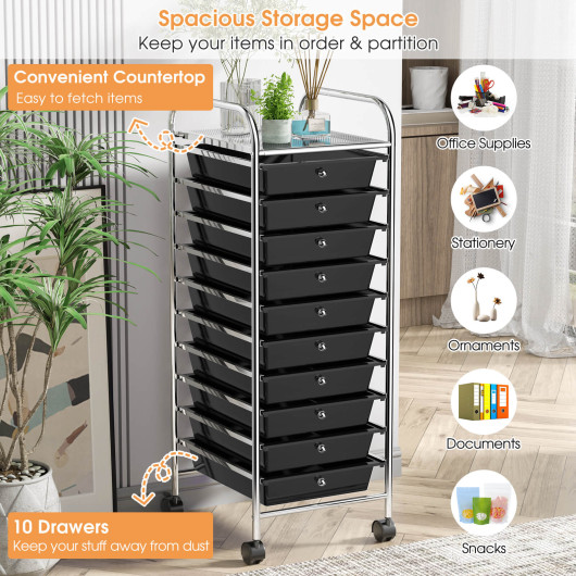 10 Drawer Rolling Storage Cart Organizer with 4 Universal Casters-Black - Image 5