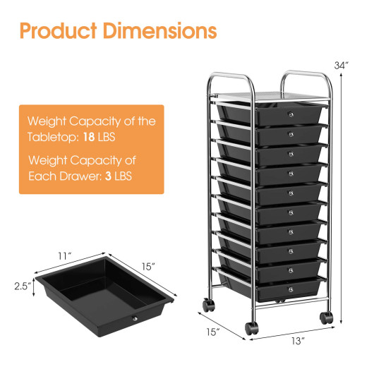 10 Drawer Rolling Storage Cart Organizer with 4 Universal Casters-Black - Image 6