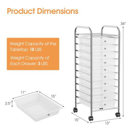 10 Drawer Rolling Storage Cart Organizer with 4 Universal Casters-Clear - Image 5