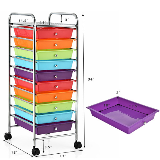 10 Drawer Rolling Storage Cart Organizer with 4 Universal Casters-Multicolor - Image 6