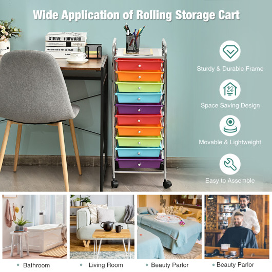 10 Drawer Rolling Storage Cart Organizer with 4 Universal Casters-Multicolor - Image 4
