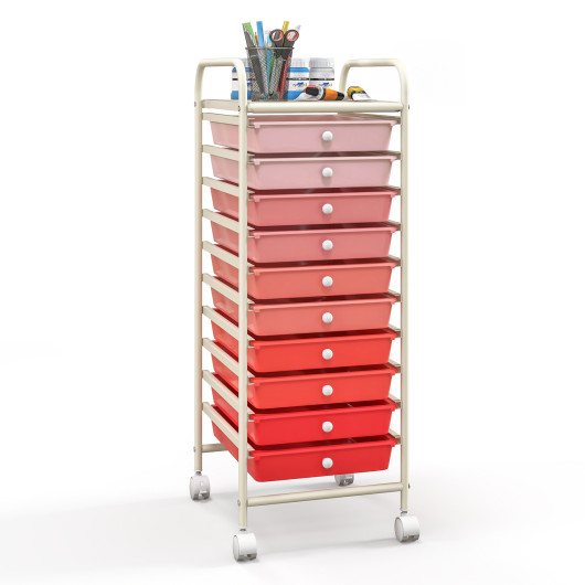 10 Drawer Rolling Storage Cart Organizer with 4 Universal Casters-Gradient Pink - Image 5