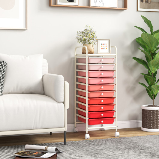 10 Drawer Rolling Storage Cart Organizer with 4 Universal Casters-Gradient Pink - Image 3