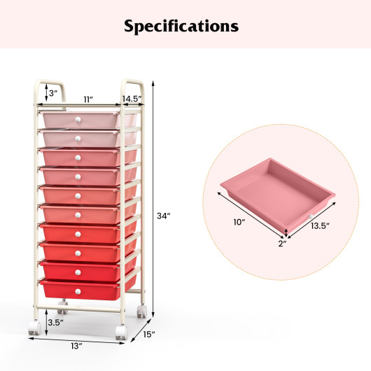10 Drawer Rolling Storage Cart Organizer with 4 Universal Casters-Gradient Pink - Image 4