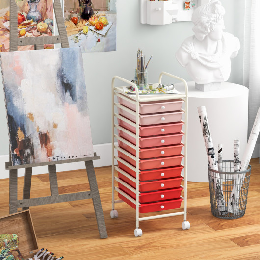 10 Drawer Rolling Storage Cart Organizer with 4 Universal Casters-Gradient Pink - Image 6