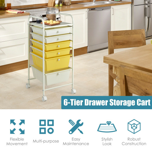 6 Drawers Rolling Storage Cart Organizer-Yellow - Image 6