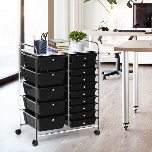 15-Drawer Utility Rolling Organizer Cart Multi-Use Storage-Black - Image 2