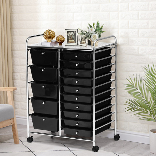 15-Drawer Utility Rolling Organizer Cart Multi-Use Storage-Black - Image 3