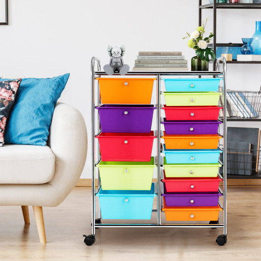 15-Drawer Utility Rolling Organizer Cart Multi-Use Storage-Multicolor - Image 5