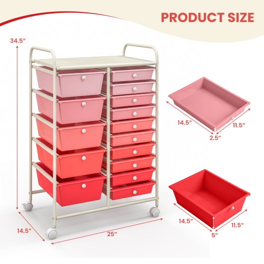 15-Drawer Utility Rolling Organizer Cart Multi-Use Storage-Pink - Image 3