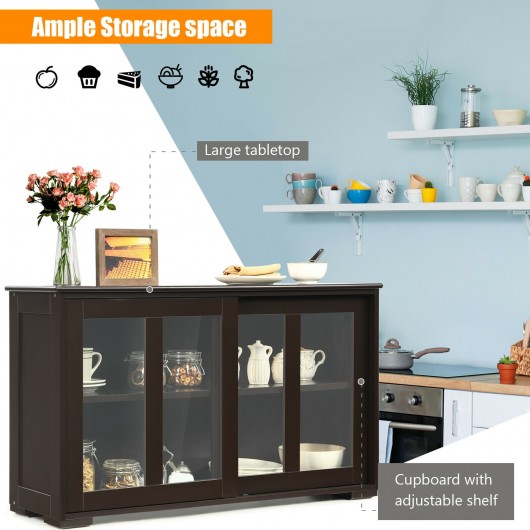 Sideboard Buffet Cupboard Storage Cabinet with Sliding Door-Brown - Image 3