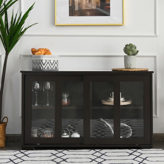 Sideboard Buffet Cupboard Storage Cabinet with Sliding Door-Brown - Image 2