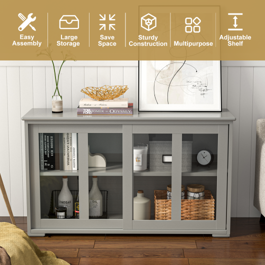 Sideboard Buffet Cupboard Storage Cabinet with Sliding Door-Gray - Image 4