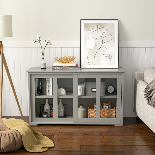 Sideboard Buffet Cupboard Storage Cabinet with Sliding Door-Gray - Image 2