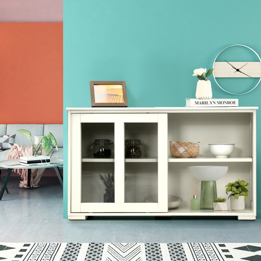 Sideboard Buffet Cupboard Storage Cabinet with Sliding Door-Cream White - Image 2