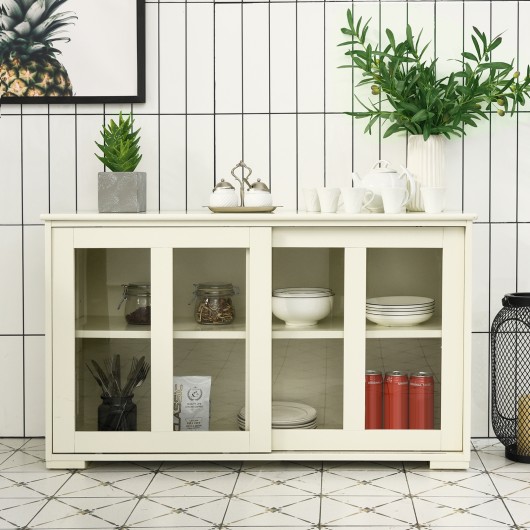Sideboard Buffet Cupboard Storage Cabinet with Sliding Door-Cream White - Image 5