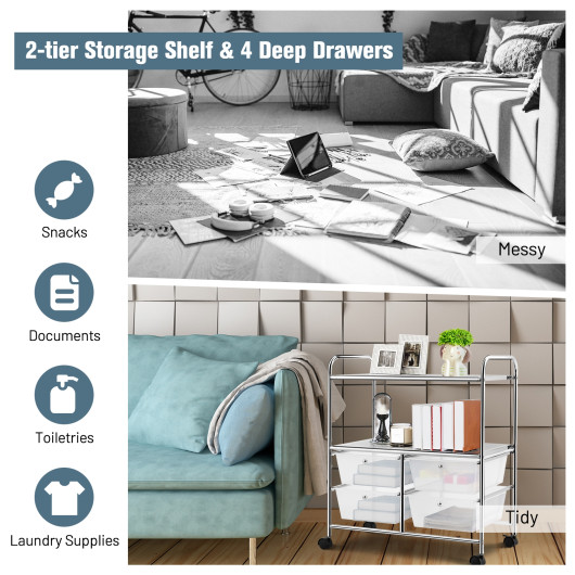 4 Drawers Shelves Rolling Storage Cart Rack-Clear - Image 4