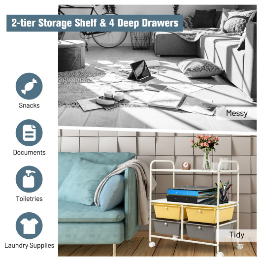 4 Drawers Shelves Rolling Storage Cart Rack-Yellow - Image 5