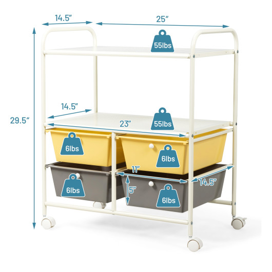 4 Drawers Shelves Rolling Storage Cart Rack-Yellow - Image 2