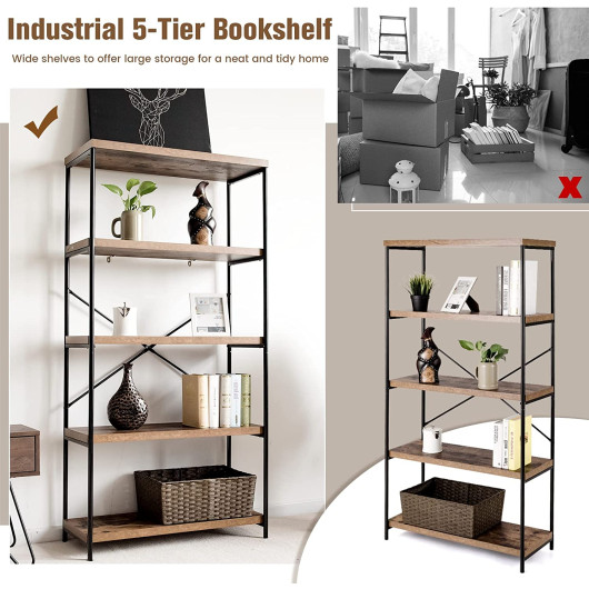 Multipurpose Open Bookcase Industrial Rack Wide Standing Storage Shelf-Brown - Image 4