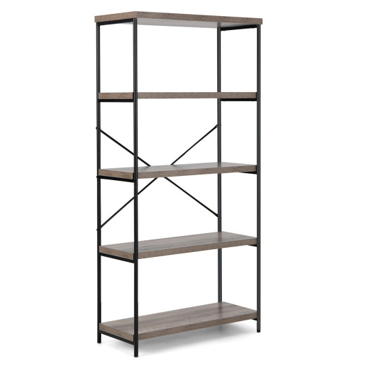 5-Tier Industrial Bookshelf Display Storage Rack with Metal Frame-Gray - Image 2