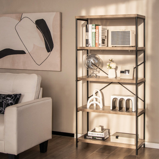 5-Tier Industrial Bookshelf Display Storage Rack with Metal Frame-Gray - Image 4