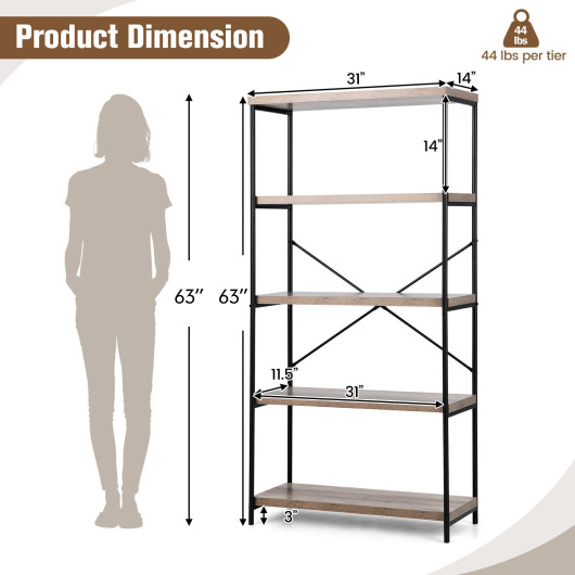 5-Tier Industrial Bookshelf Display Storage Rack with Metal Frame-Gray - Image 5