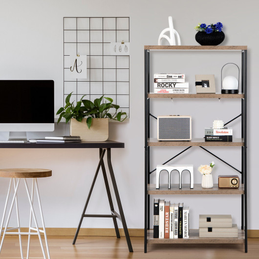 5-Tier Industrial Bookshelf Display Storage Rack with Metal Frame-Gray - Image 6