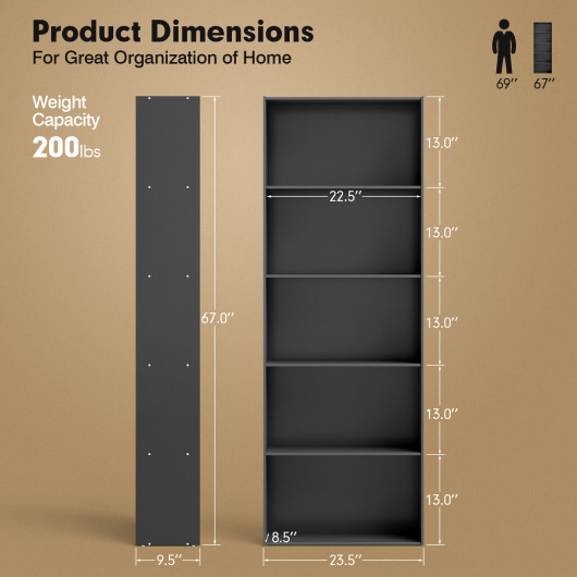 5-Shelf Storage Bookcase Modern Multi-Functional Display Cabinet Furniture-Black - Image 6