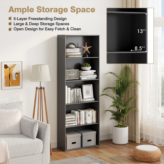 5-Shelf Storage Bookcase Modern Multi-Functional Display Cabinet Furniture-Black - Image 5