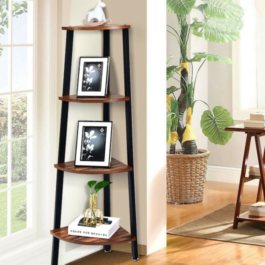 4-Tier Corner Shelf Metal Storage Rack Domestic Bookcase-Black - Image 5