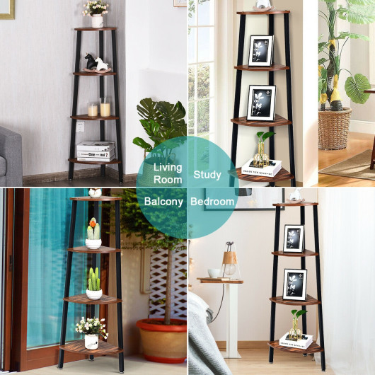 4-Tier Corner Shelf Metal Storage Rack Domestic Bookcase-Black - Image 2