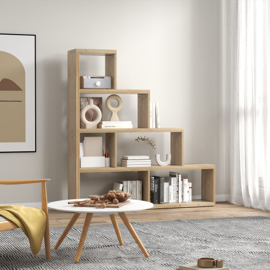 6 Cubes Ladder Shelf Corner Bookshelf Storage Bookcase-Natural - Image 5