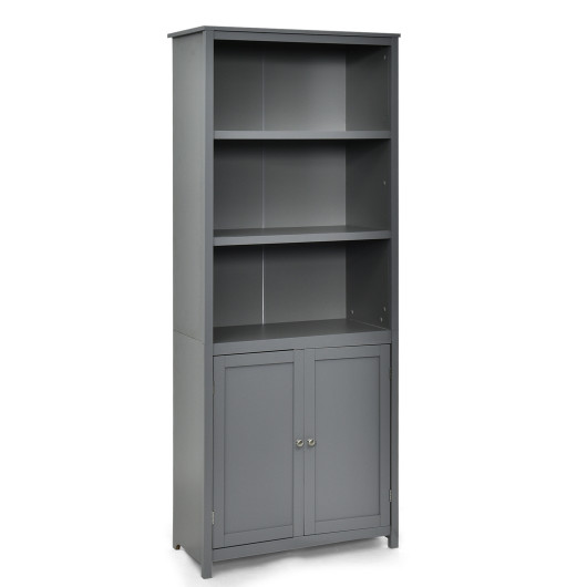 Bookcase Shelving Storage Wooden Cabinet Unit Standing Display Bookcase with Doors-Gray - Image 5