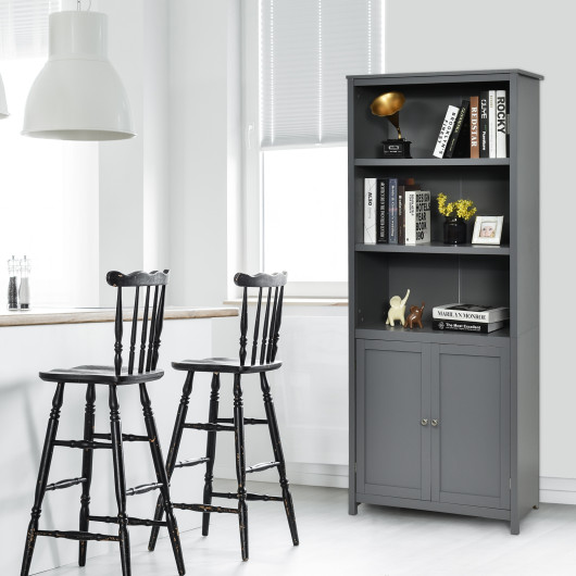 Bookcase Shelving Storage Wooden Cabinet Unit Standing Display Bookcase with Doors-Gray - Image 6