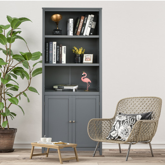 Bookcase Shelving Storage Wooden Cabinet Unit Standing Display Bookcase with Doors-Gray - Image 3