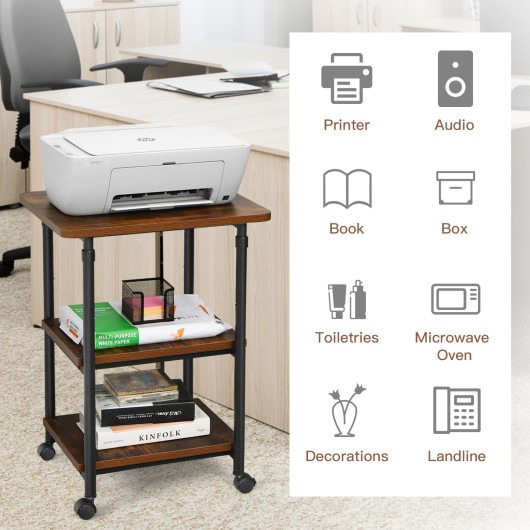 3-tier Adjustable Printer Stand with 360 Swivel Casters-Brown - Image 6