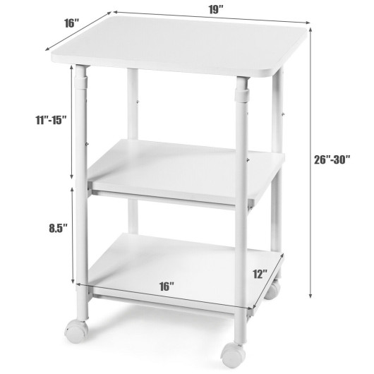 3-tier Adjustable Printer Stand with 360 Swivel Casters-White - Image 6