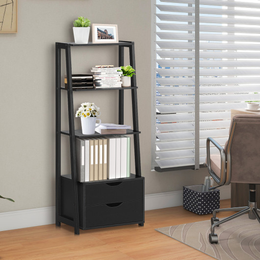 4-Tier Ladder Bookshelf Storage Display with 2 Drawers - Image 3
