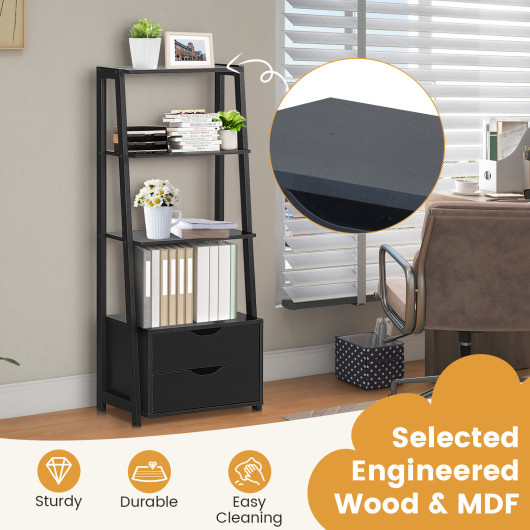 4-Tier Ladder Bookshelf Storage Display with 2 Drawers - Image 4