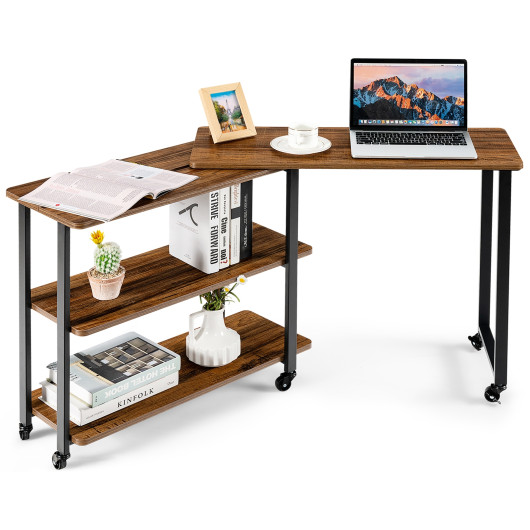360 Rotating Sofa Side Table with Storage Shelves and Wheels-Brown