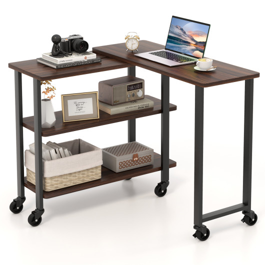 360 Rotating Sofa Side Table with Storage Shelves and Wheels-Walnut