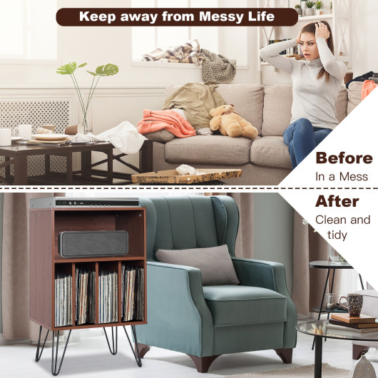 Freestanding Record Player Stand Record Storage Cabinet with Metal Legs-Coffee - Image 3