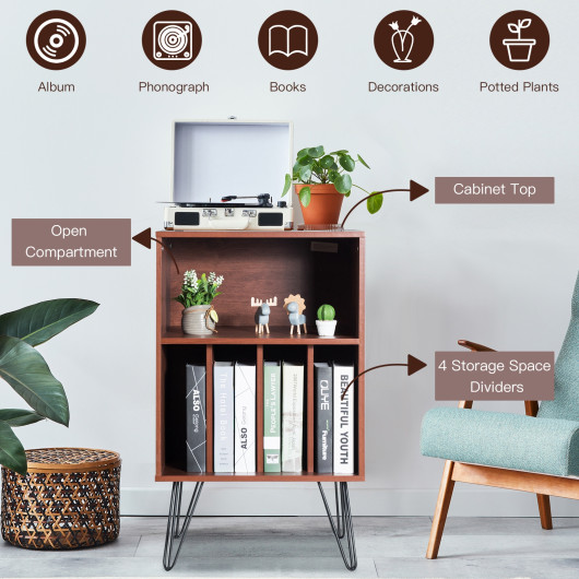 Freestanding Record Player Stand Record Storage Cabinet with Metal Legs-Coffee - Image 5