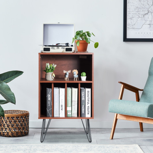 Freestanding Record Player Stand Record Storage Cabinet with Metal Legs-Coffee - Image 2